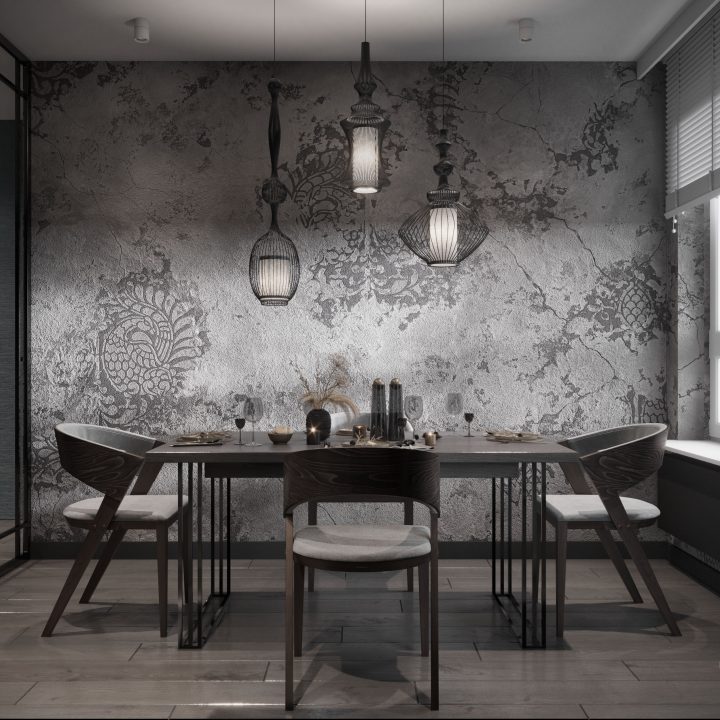 Jadalnia z drewnianym stołem i prostą oprawą oświetleniową, spójna część dzienna mieszkania