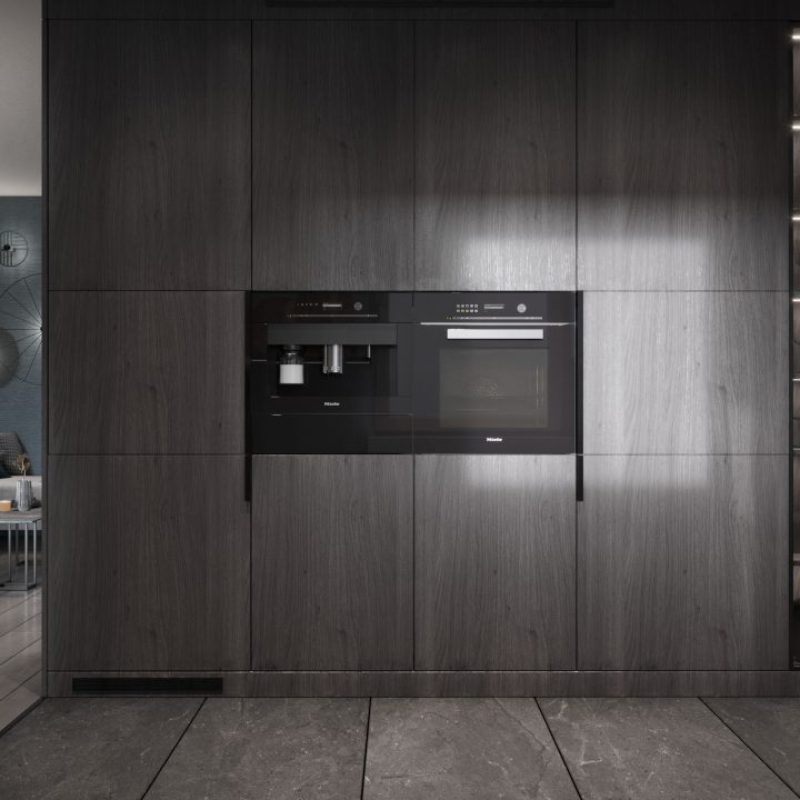 Strefa robocza kuchni z kamiennym blatem i zintegrowanym oświetleniem