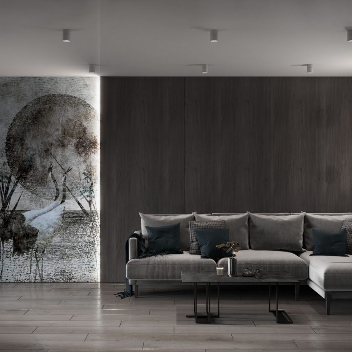 Salon z dekoracyjną tapetą na ścianie, strefa dzienna mieszkania zaprojektowana w spokojnej estetyce