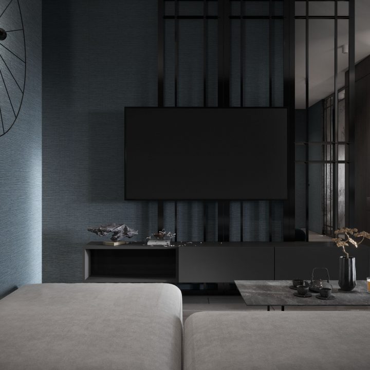 Ściana telewizyjna w salonie z zabudową stolarską, architektoniczna forma i wyważone proporcje