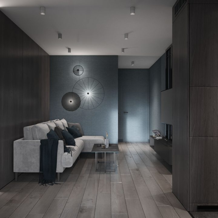 Salon z kinkietami Aromas, spójna aranżacja wnętrza mieszkania na Białołęce