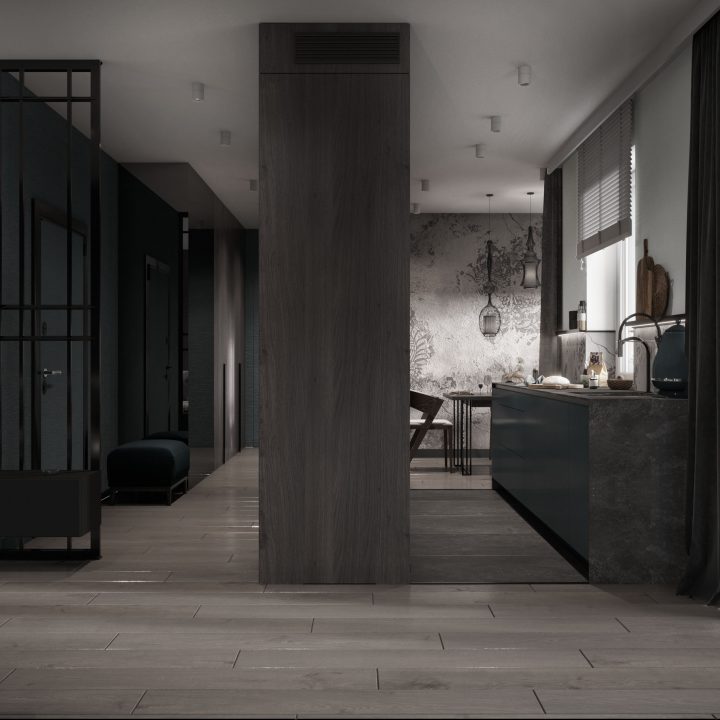 Kuchnia przelotowa łącząca strefę dzienną, czytelny układ funkcjonalny mieszkania w Warszawie