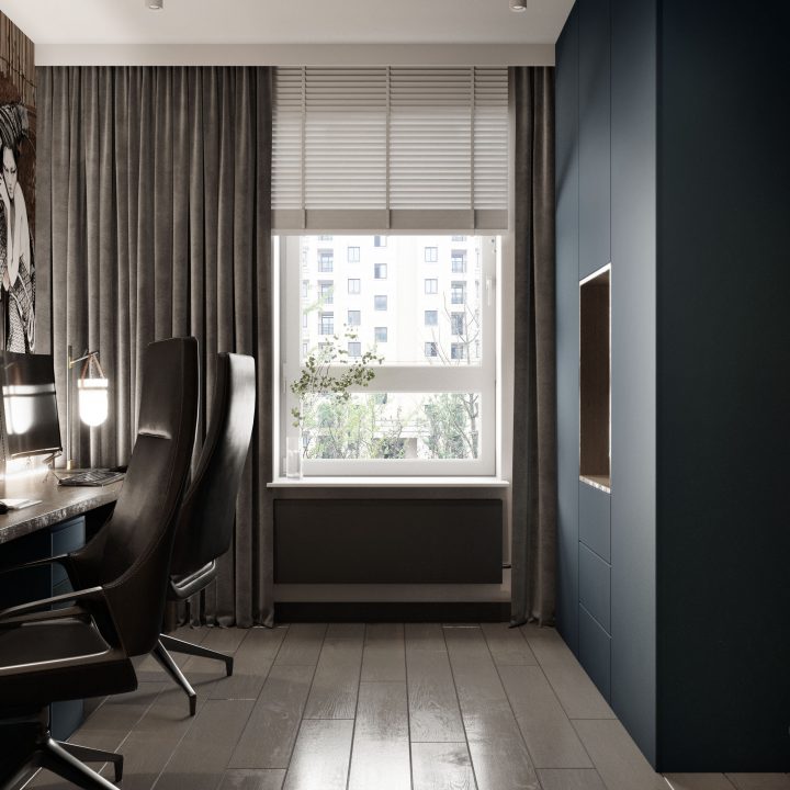 Gabinet do pracy z biurkiem i zabudową na wymiar, spokojna przestrzeń domowa