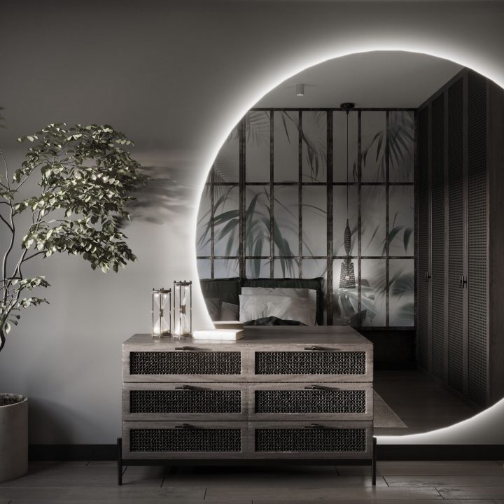 Sypialnia z tapicerowanym łóżkiem i stonowaną paletą barw, przestrzeń do wyciszenia