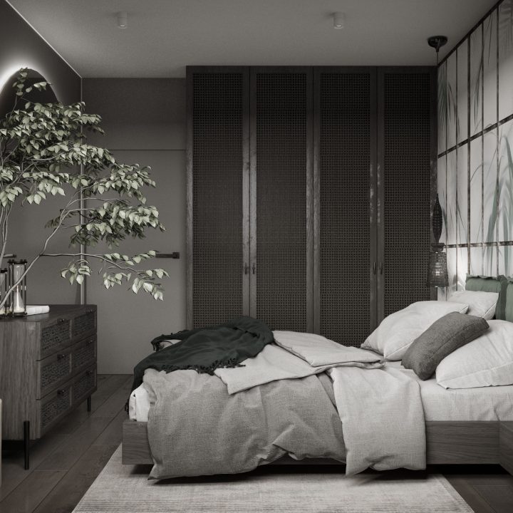 Strefa nocna mieszkania z zabudową stolarską i miękkim oświetleniem