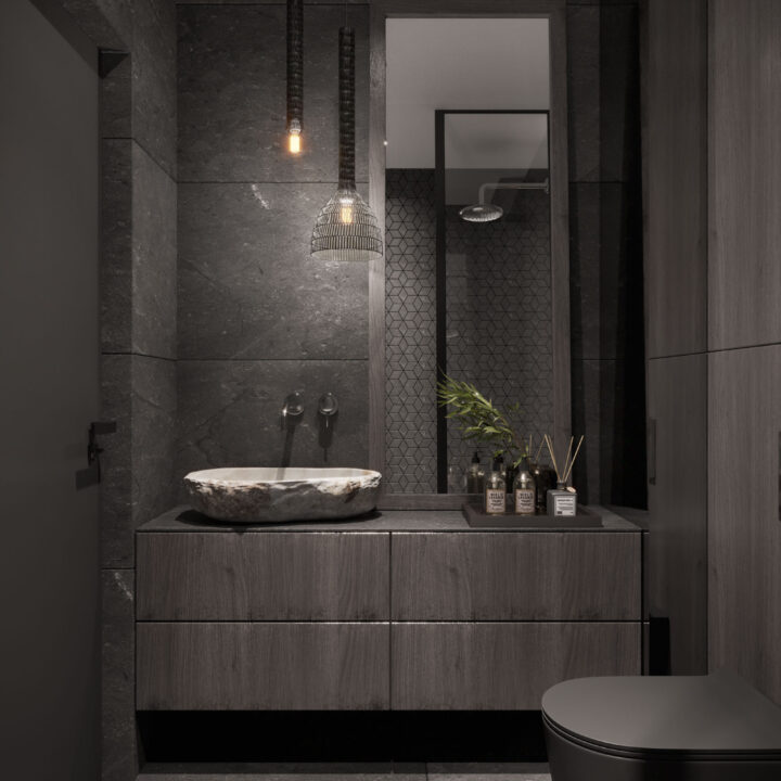 Łazienka z wanną parawanem i ciemnymi płytkami, nowoczesna aranżacja wnętrza