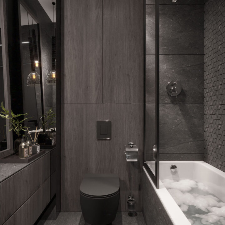 Strefa umywalkowa w łazience z minimalistyczną zabudową i prostą formą