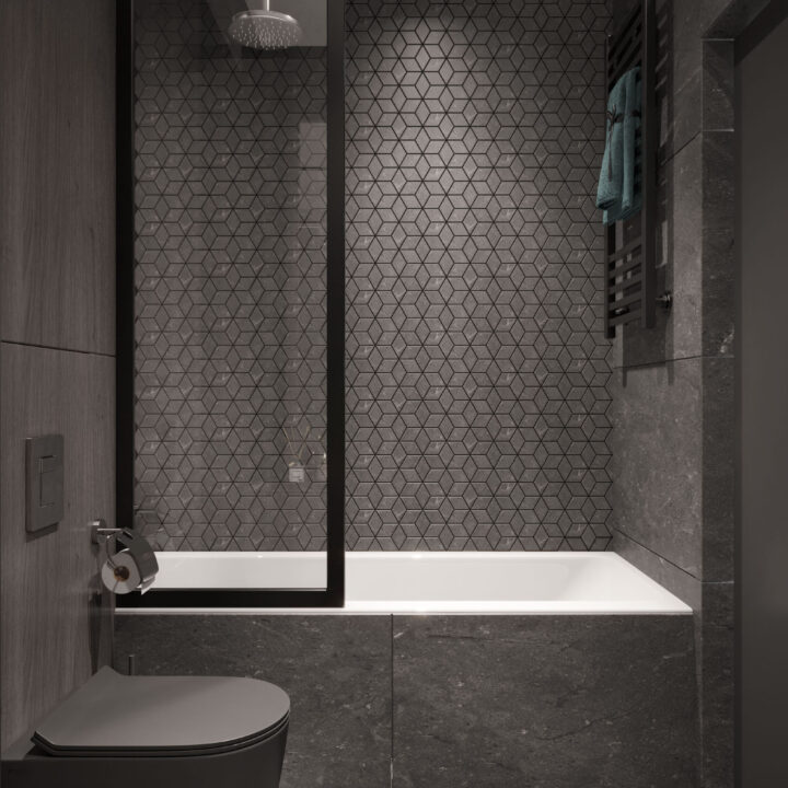 Nowoczesna łazienka w mieszkaniu w Warszawie, Białołęka Winnica, spójna estetyka i materiały