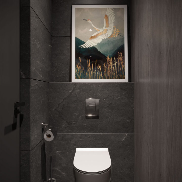 Toaleta gościnna z zabudową i ukrytą pralnią, funkcjonalne zaplecze mieszkania