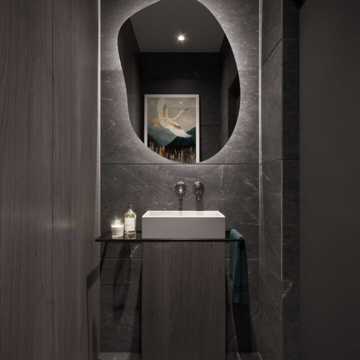 Toaleta z pralnią w mieszkaniu w Warszawie, osiedle Winnica, spójna i uporządkowana aranżacja