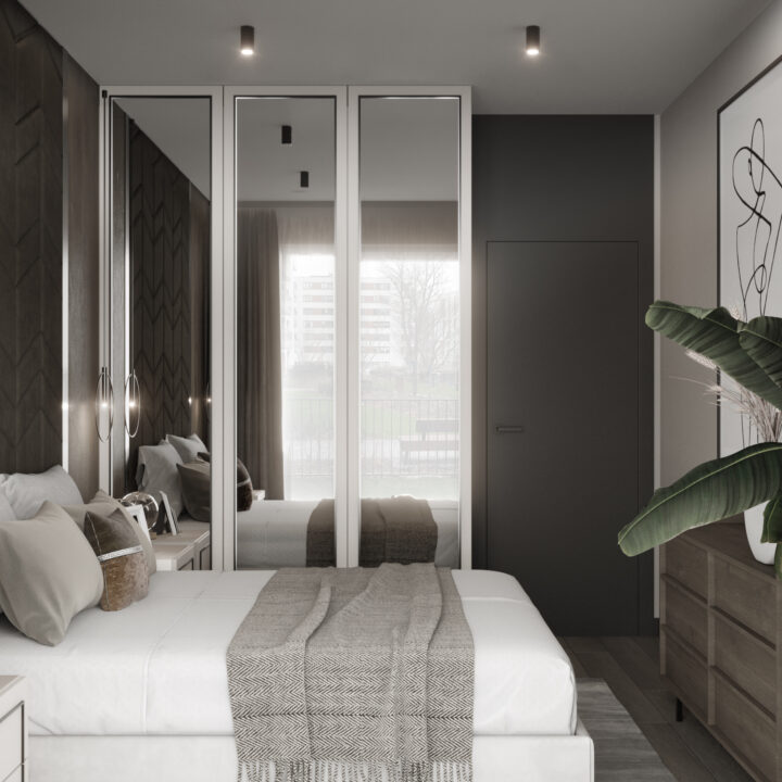 Strefa nocna mieszkania z zabudową na wymiar i miękkim oświetleniem – Warszawa Żoliborz
