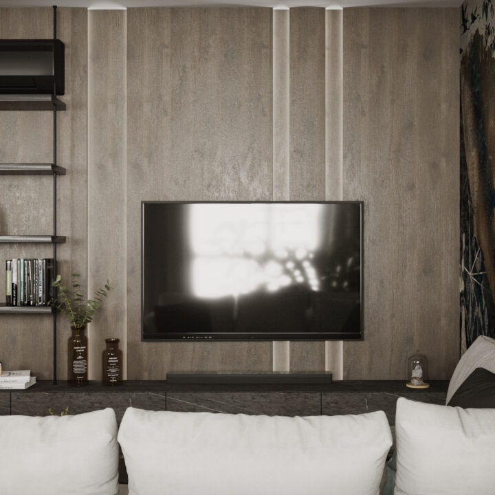Ściana telewizyjna w salonie z zabudową stolarską, spójna architektura wnętrza mieszkania