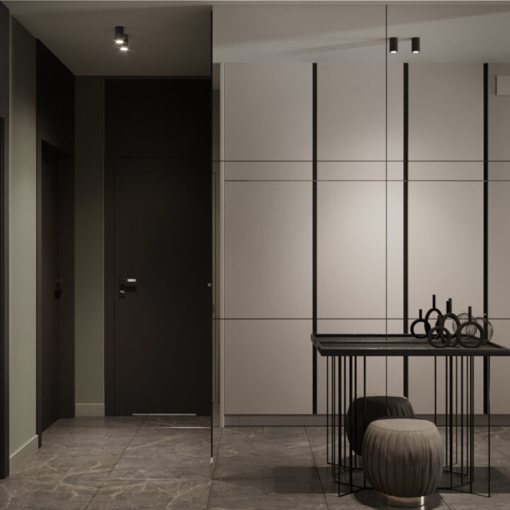 Przestrzeń komunikacyjna mieszkania na warszawskich Sadach Żoliborskich, minimalistyczna aranżacja i naturalne materiały