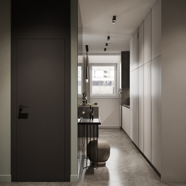 Hol wejściowy z zabudową na wymiar i stonowaną kolorystyką, uporządkowana przestrzeń mieszkania