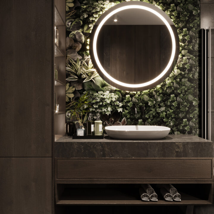 Strefa umywalkowa w łazience z minimalistyczną zabudową i prostą formą