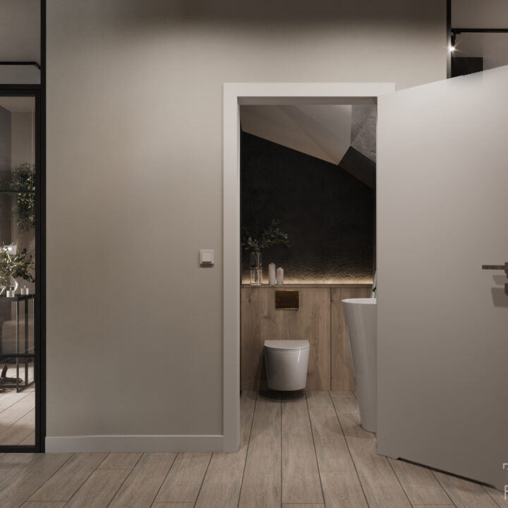 Przejście do łazienki – jasna komunikacja z widokiem na wc, dom Głuchów