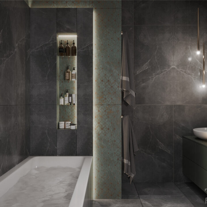 Strefa kąpieli – ciemna łazienka z dużymi płytami i subtelnym oświetleniem
