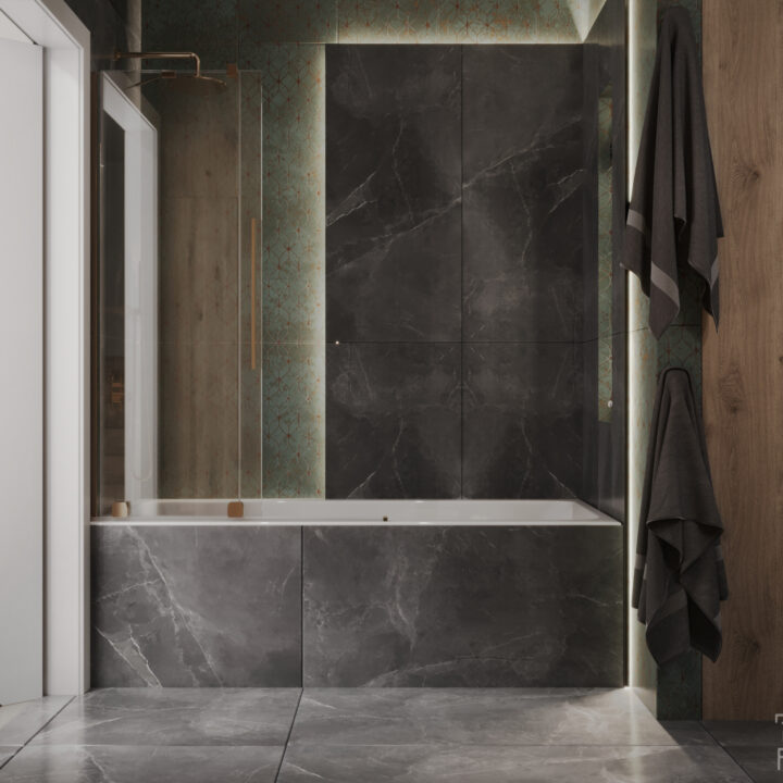 Łazienka główna – wanna w zabudowie i ciemne płyty kamienne w eleganckim wnętrzu