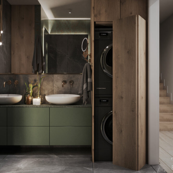 Łazienka z pralnią – zielona zabudowa i ukryta strefa funkcjonalna