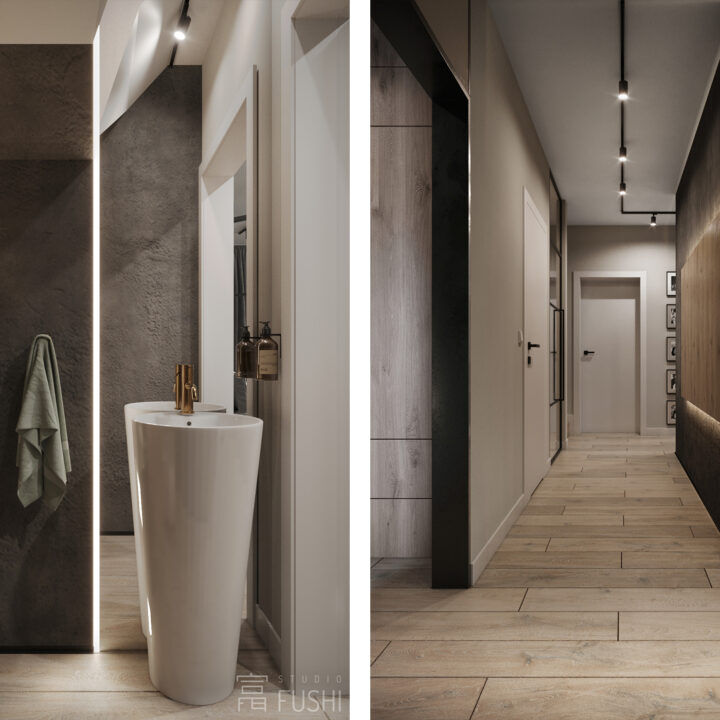 Hol wejściowy – zabudowa z naturalnego drewna i czarne detale w nowoczesnym wnętrzu