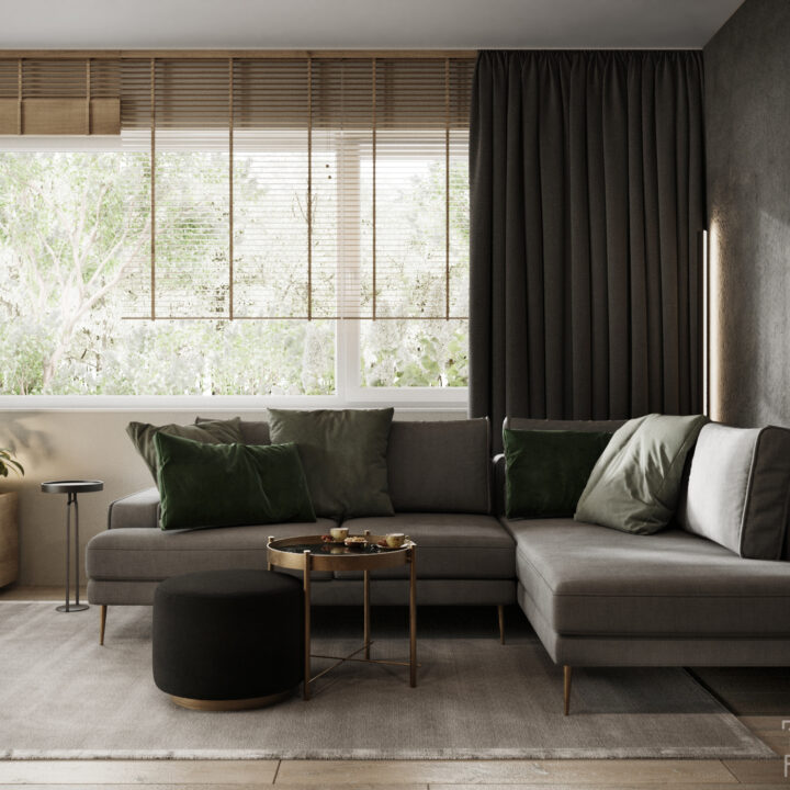 Ciemny wypoczynek z dużymi oknami