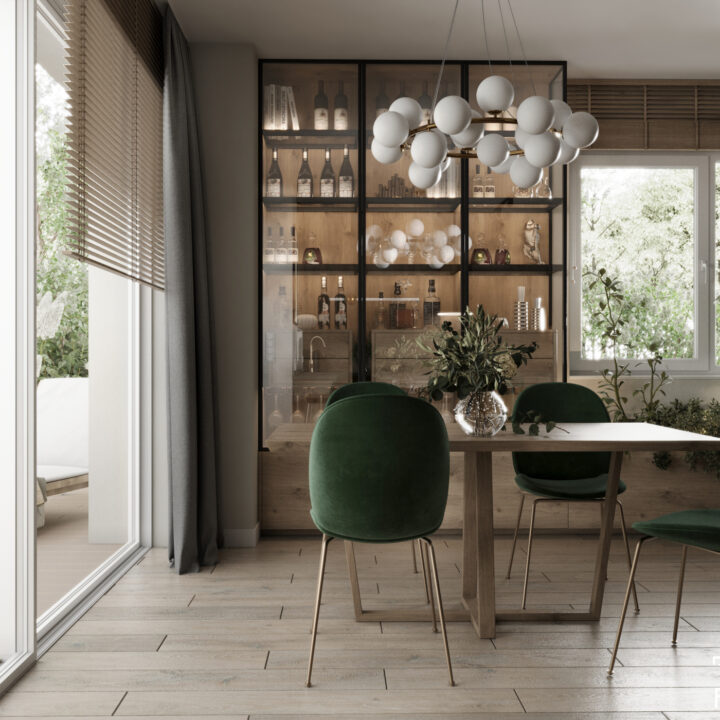 Witryna z barkiem w jadalni z zielonymi krzesłami
