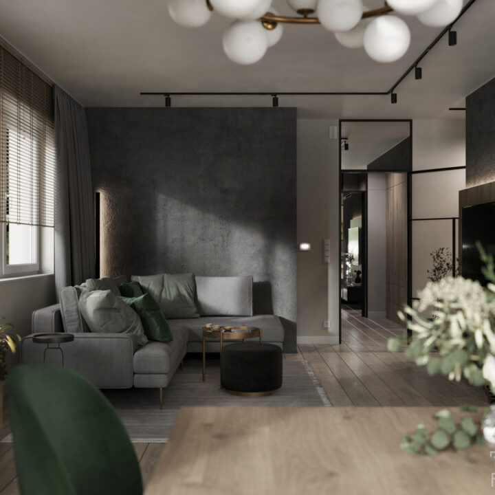 Salon z ciemną sofą i tynkiem dekoracyjnym