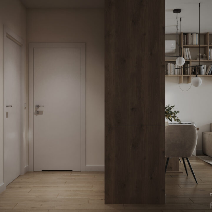 Hol wejściowy z zabudową na wymiar i jasną kolorystyką, uporządkowana przestrzeń mieszkania