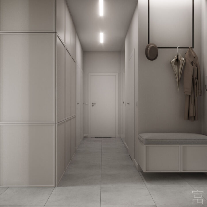 Hol z siedziskiem i funkcjonalną zabudową garderobianą, nowoczesny minimalizm