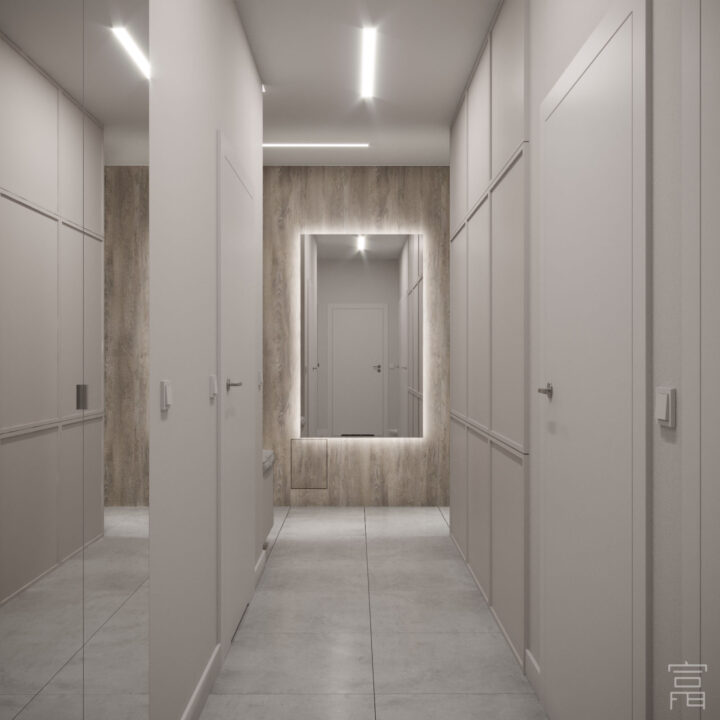 Korytarz z pełną zabudową szaf, ukryte drzwi i oświetlenie liniowe w suficie