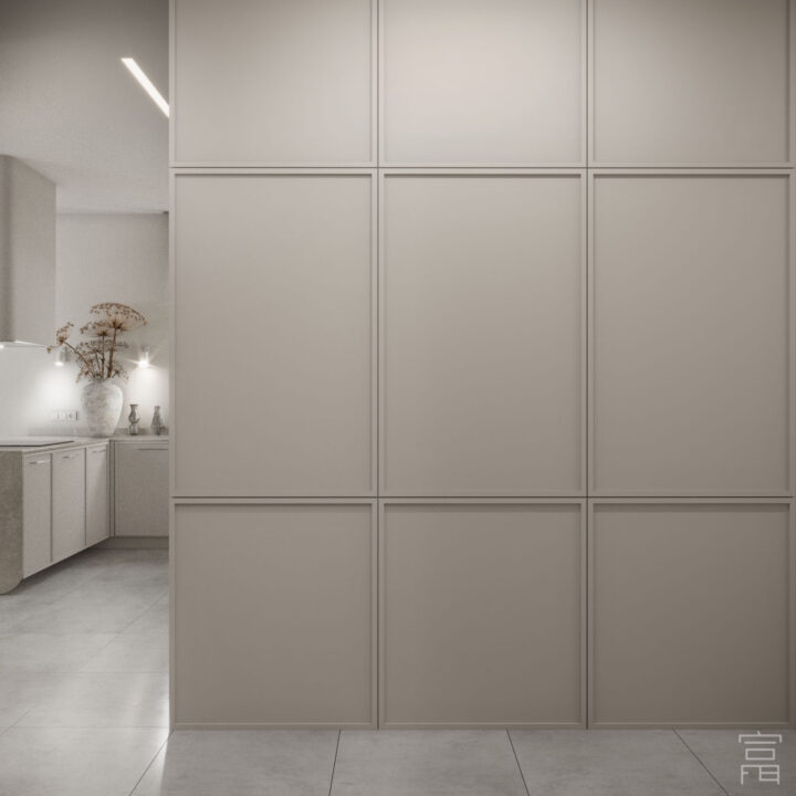 Przestrzeń komunikacyjna mieszkania, zabudowa ścienna w neutralnych odcieniach – Warszawa Sady Żoliborskie