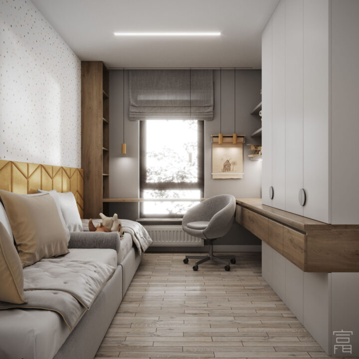 Wspólna przestrzeń dziecięca z zabudową na wymiar, stonowana kolorystyka i naturalne światło