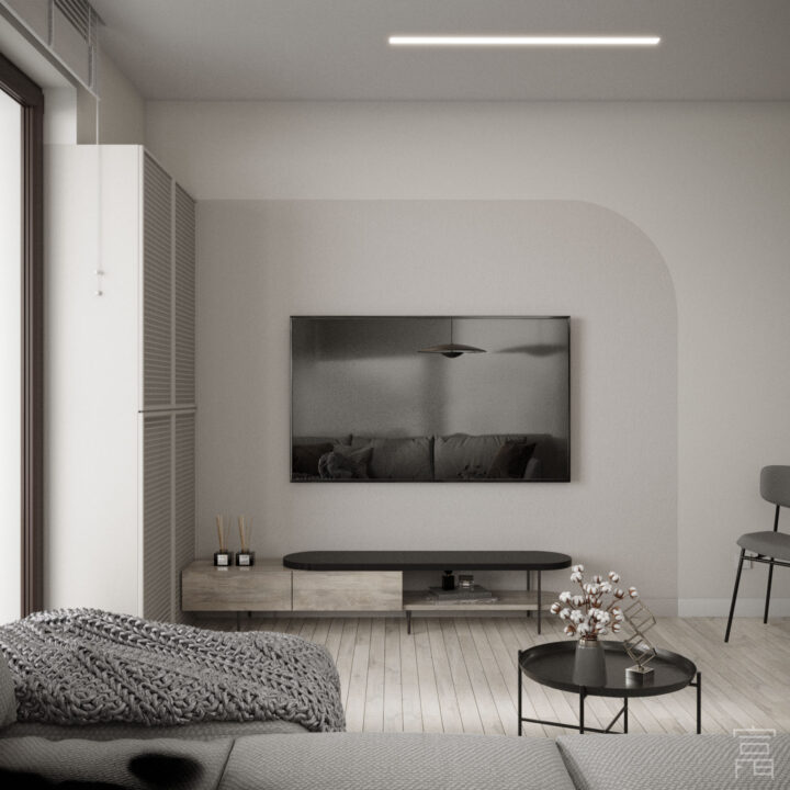 Salon z aneksem kuchennym, jasna przestrzeń dzienna i naturalne materiały wykończeniowe