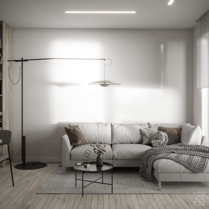 Minimalistyczny salon w jasnych barwach, spójna architektura wnętrza i miękkie proporcje