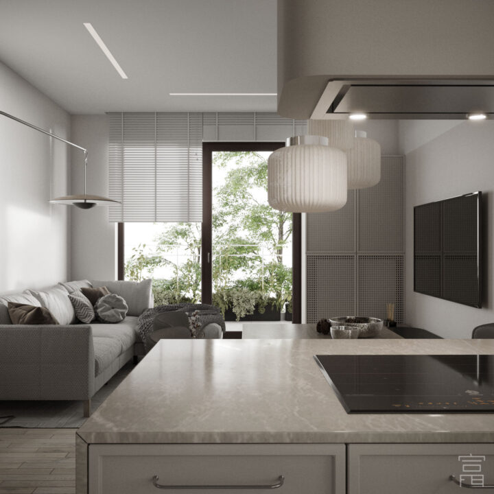 Przestrzeń dzienna mieszkania, widok na salon i kuchnię, harmonijny układ funkcjonalny