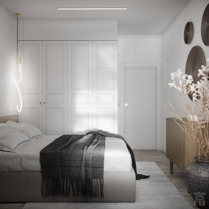 Minimalistyczna sypialnia z miękkim światłem i zabudową stolarską – Warszawa Sady Żoliborskie