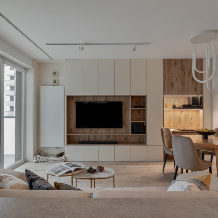 Strefa dzienna mieszkania z zabudową RTV i naturalnym światłem, nowoczesna aranżacja