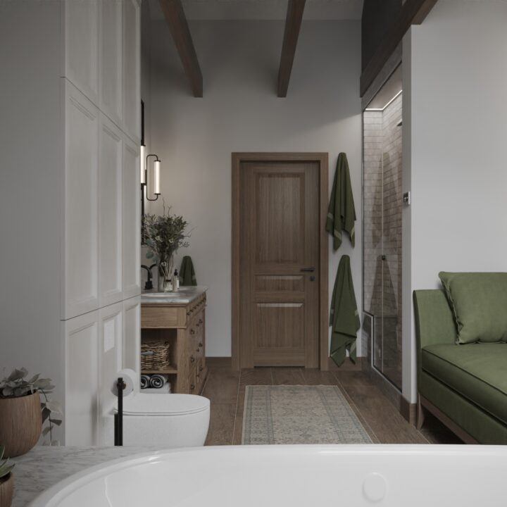 Salon kąpielowy z zielonym akcentem – projekt wnętrza domu