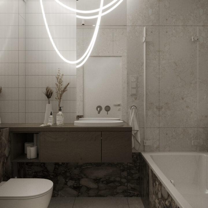 Łazienka prywatna z wanną, jasne wnętrze o spokojnym, stonowanym charakterze