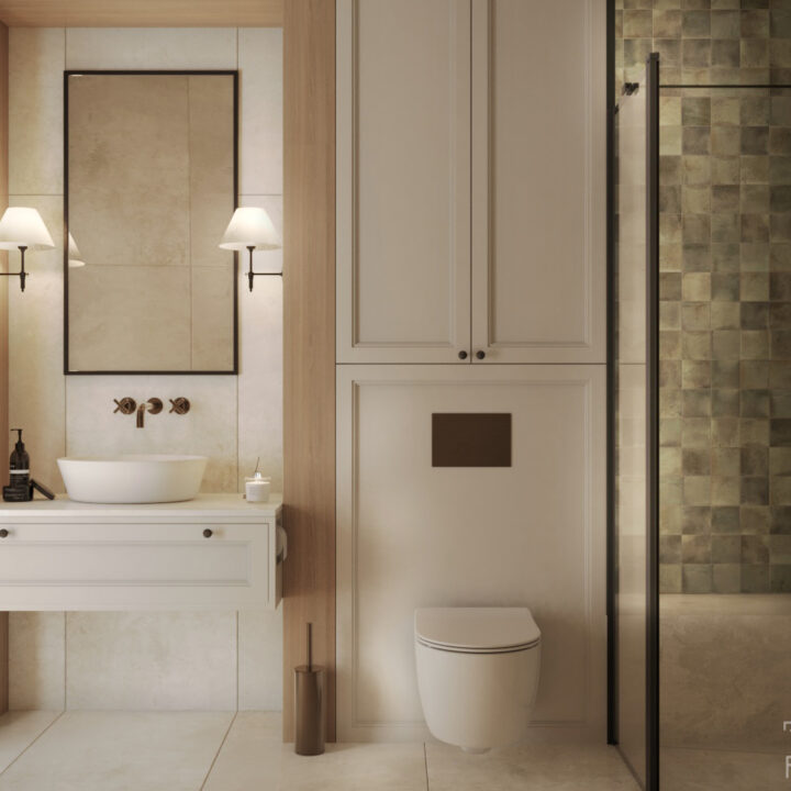 Łazienka gościnna w Małocicach – projekt wnętrza z naturalnymi materiałami