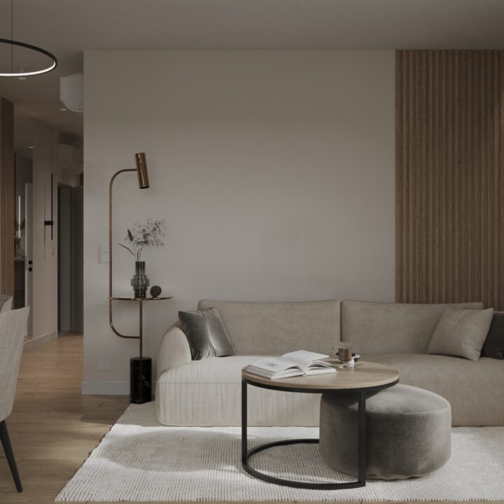 Strefa dzienna mieszkania z widokiem na zabudowę meblową i naturalne światło – Bemowo