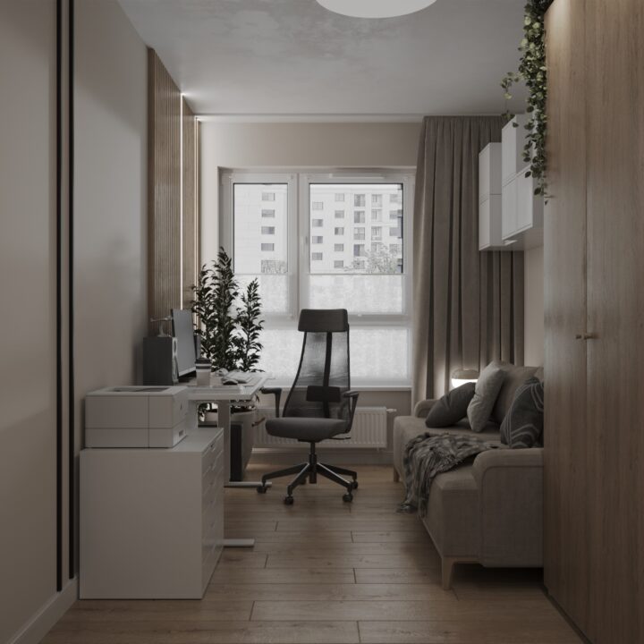 Gabinet z miejscem do przechowywania i naturalnym światłem, aranżacja mieszkania Bemowo