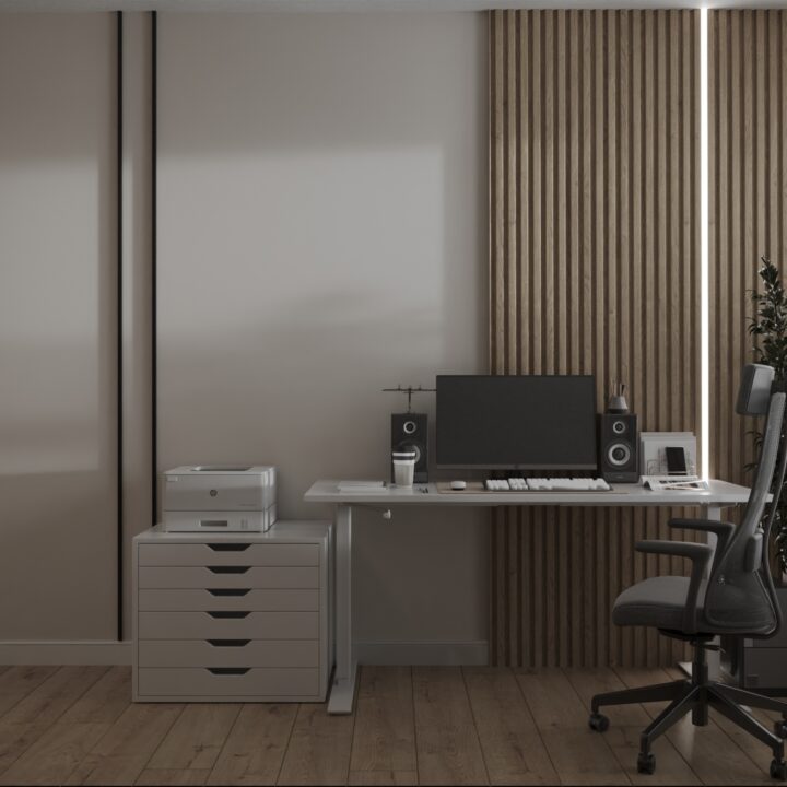 Gabinet do pracy z biurkiem i zabudową IKEA, spokojna przestrzeń domowa