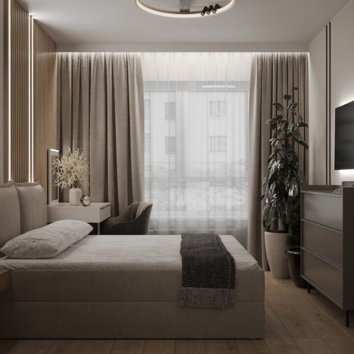 Strefa nocna mieszkania z zabudową stolarską i miękkim oświetleniem