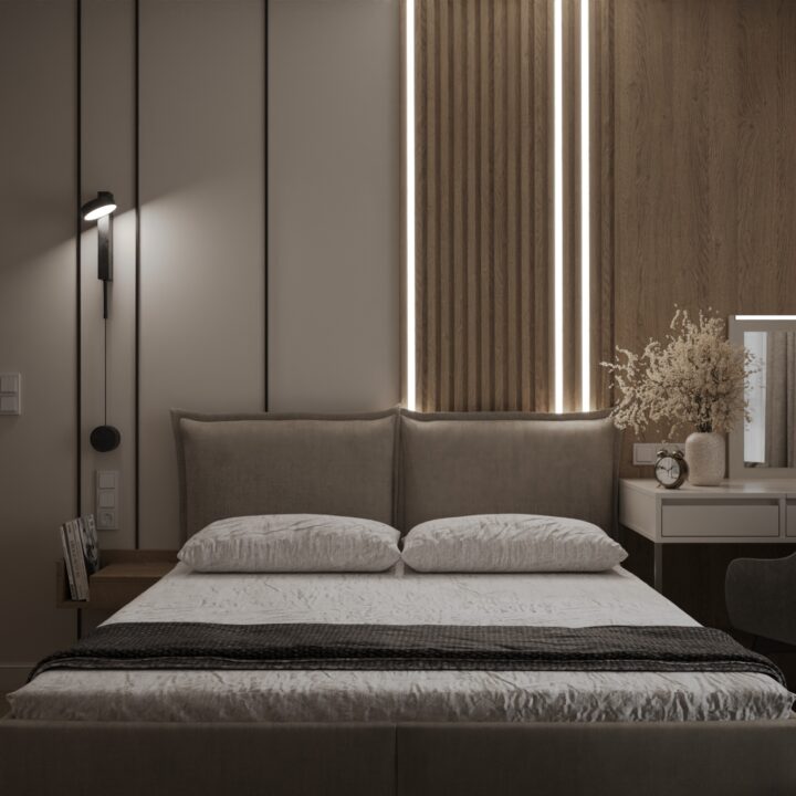 Sypialnia w mieszkaniu w Warszawie, Bemowo Chrzanów, spokojna i ponadczasowa aranżacja