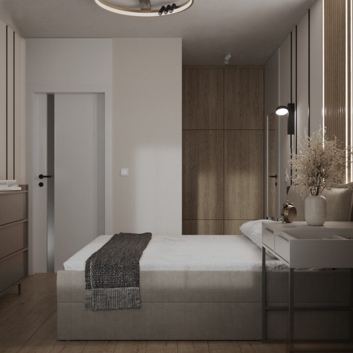 Sypialnia z tapicerowanym łóżkiem i stonowaną paletą barw, przestrzeń do wyciszenia