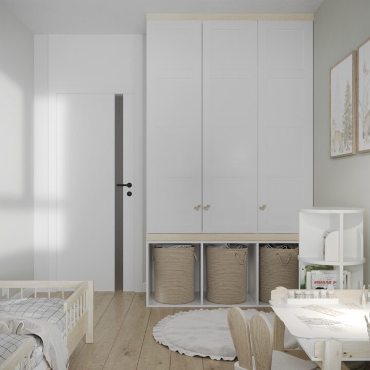 Przestrzeń dziecięca zaprojektowana do nauki i odpoczynku, spokojna kolorystyka