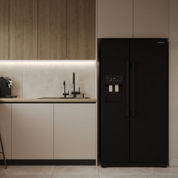 Kuchnia z zabudową na wymiar i jasnymi frontami, minimalistyczna aranżacja wnętrza