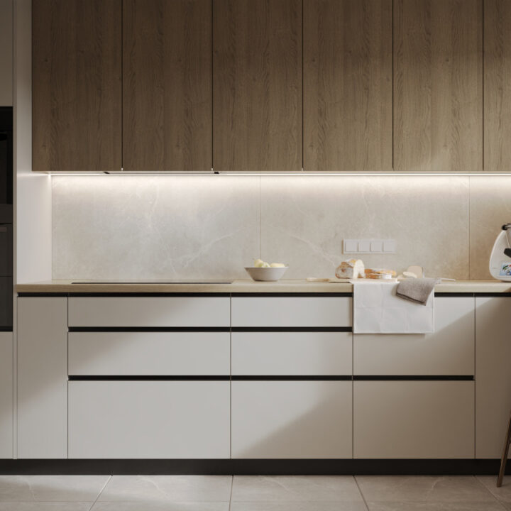 Strefa robocza kuchni z kamiennym blatem i zintegrowanym oświetleniem