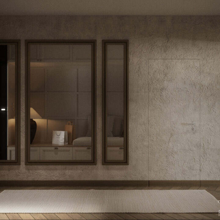 Strefa wejścia do domu z drewnianą stolarką i tynkiem dekoracyjnym i lustrami